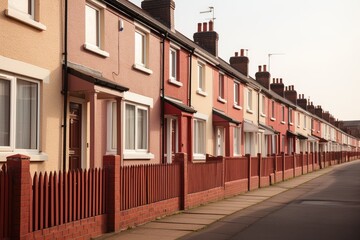 A row of red brick houses lined up next to each other along a residential street.
