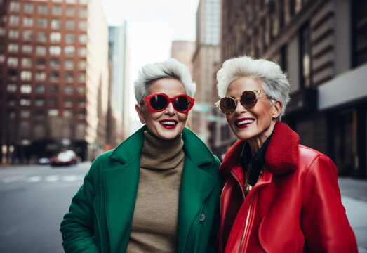 AI Generated Image Fashionable mature LGBT couple wearing trendy outfit and sunglasses
