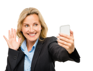 Phone, video call and wave with business woman isolated on transparent background for communication. Contact, mobile and greeting with mature employee in formal suit on PNG for corporate networking