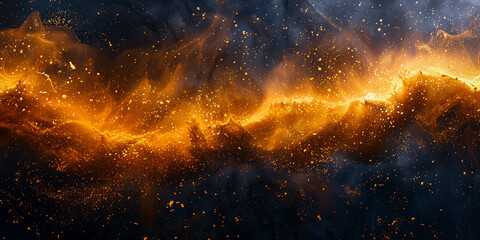 Gold glitter powder splash on black background. Gold wave on navy background. Fire dark galaxy fantasy illustration for copy space text, web, mobile by Vita - obrazy, fototapety, plakaty