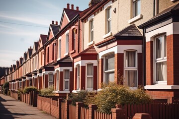 Naklejka premium This photo showcases a row of red brick houses lining a street, creating a uniform and visually appealing architectural scene.