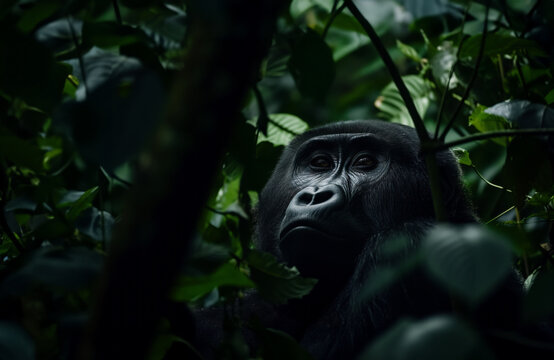 AI Generated Image of contemplative gorilla peeks through lush jungle foliage, a portrait of its profound intelligence and calmness