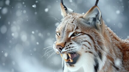 Obraz premium a close up of a cat with it' open and it' wide open in the snow.