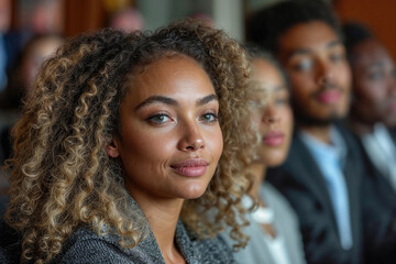 Young woman with curly hair at a professional event Generative AI image