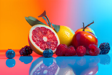 Various fruit colorful food photograph in the style of soft focus romanticism, distorted perspectives, minimalist backgrounds, colorized, light pink and light indigo