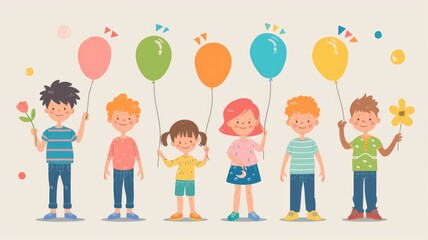 Fototapeta premium Joyful Children Celebrating with Balloons at a Colorful Birthday Party