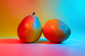 Obraz na płótnie Canvas 2 mangoes colorful food photograph in the style of soft focus romanticism, distorted perspectives, minimalist backgrounds, colorized, light pink and light indigo