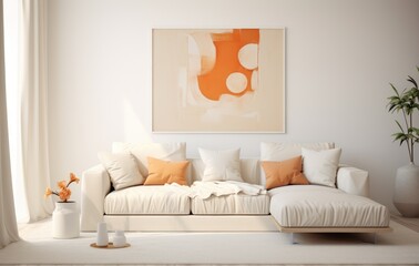 This photo showcases a living room featuring a white couch and a painting adorning the wall.