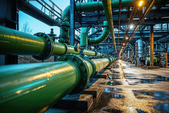 Industrial plant pipes and infrastructure at dusk Generative AI image