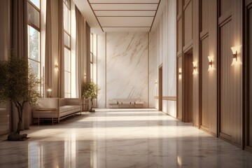 A long hallway featuring a couch and a potted plant placed along the wall.