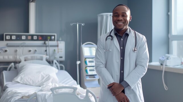 In the image, there is a cheerful male doctor wearing a white lab coat with a stethoscope around his neck standing inside a well-equipped hospital room. The background features a hospital bed and vari