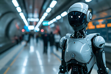 robot in the subway, on the station, blurred background. Artificial intelect in future life. AI Generated	