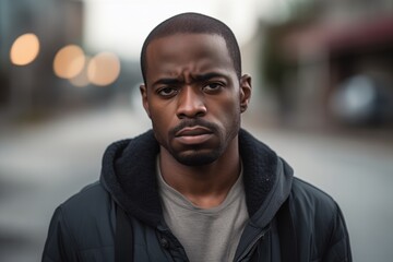 Black man sad serious face portrait on street