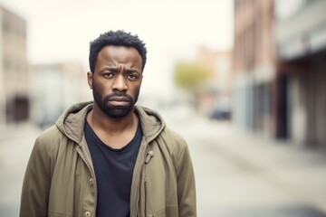 Black man sad serious face portrait on street