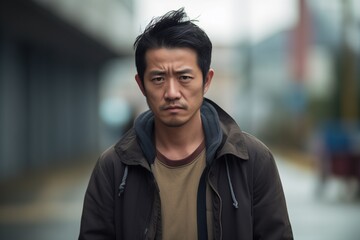 Fototapeta premium Asian man sad serious face portrait on street