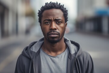 Black man sad serious face portrait on street