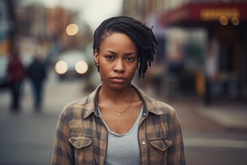 Black woman sad serious face portrait on street