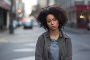 Black woman sad serious face portrait on street
