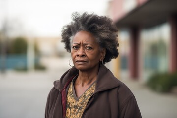 Mature black woman sad serious face on street