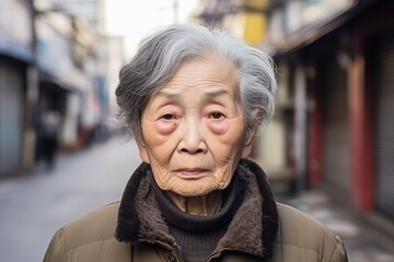 Elderly Asian woman sad serious face on street - obrazy, fototapety, plakaty
