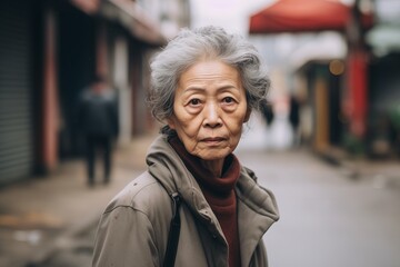 Fototapeta premium Elderly Asian woman sad serious face on street