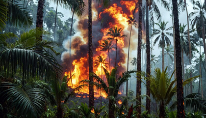 Artificially or naturally caused fires in natural rainforests, which destroy and reduce the size of these forests