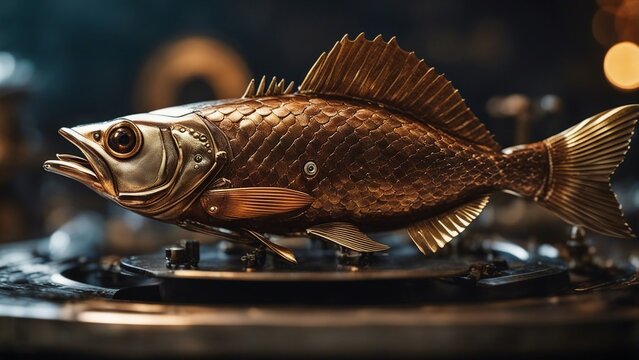 fish in aquarium       A close-up view of a steampunk redfish, with copper scales, brass fins,  