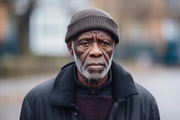 Mature black man sad serious face on street
