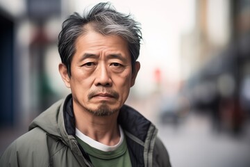 Mature Asian man sad serious face on street