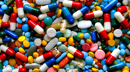 A cascade of colorful capsules ,tablets and pills showcase a spectrum of health and wellness, vibrant against a stark backdrop, highlighting the variety and potential of modern medicine.