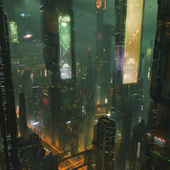 Futuristic cityscape, Towers of light pierce the night sky in a cyberpunk metropolis with floating holographic billboards.