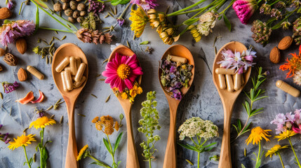 Embrace nature's healing power with a diverse selection of herbal supplements and botanical blooms, artfully presented on wooden spoons. - obrazy, fototapety, plakaty