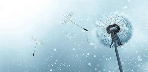 Dandelion with flying seeds on a blue background. The concept of nature and lightness.