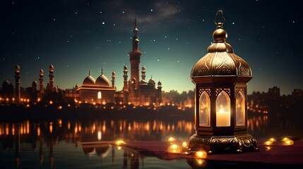 Serene ramadan kareem greeting with glowing lanterns against mosque backdrop

