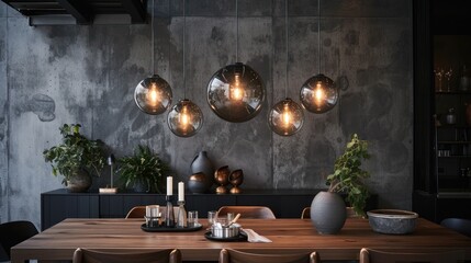 a dining room table with lights hanging from it's ceiling and potted plants on the other side of the table.