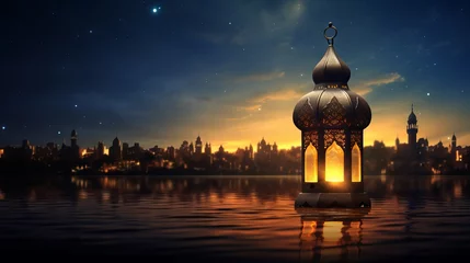 Foto op Plexiglas Serene ramadan kareem greeting with glowing lanterns against mosque backdrop   © Nayyab