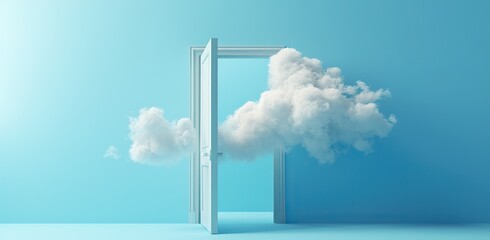 Clouds emerging from an open door on a blue background. The concept of boundaries between reality and dream.