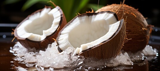 Cracking open a coconut to extract fresh coconut water for making delicious pina coladas - obrazy, fototapety, plakaty