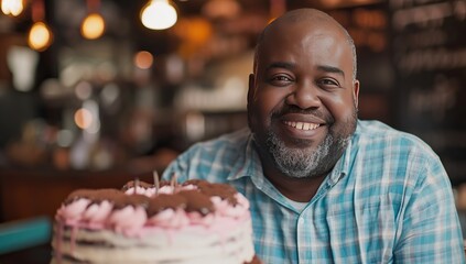 Black man with a celebration cake. The concept of joy and celebration.