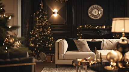 a living room decorated for christmas with and.