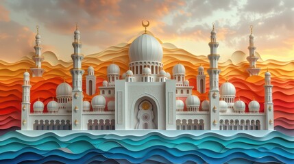 Fototapeta premium This image features a digitally created mosque with intricate details against an abstract background of colorful wavy patterns resembling sand and water