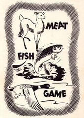 Meat Fish Game Hunting Living Off the Land Vintage Book Graphic Illustration Cooking Kitchen Advertising Cookbook 