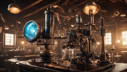 Obraz na płótnie Canvas _A steampunk science chemical medical research lab with microscope. The lab is a secret society 