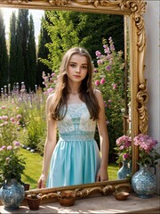 The reflection of a girl in a summer dress in the mirror.