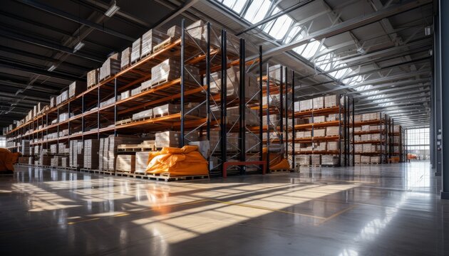 Modern logistics warehouse with organized shelves and pallets in storage facility