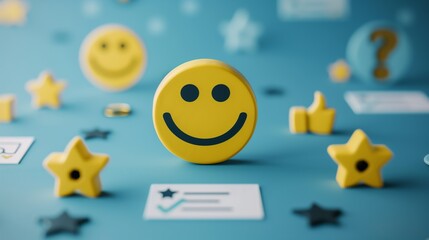 Smiley face surrounded by positive symbols, thumbs-up gestures, stars, and happy emoticons Feedback rating and customer satisfaction, positive experiences and reviews. - obrazy, fototapety, plakaty