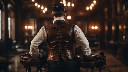   a steampunk,  Man suffering from back pain cause of office syndrome, with steampunk back brace 