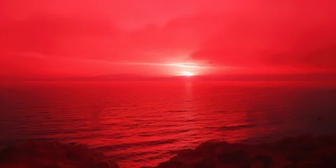 Zelfklevend Fotobehang Red sunset background, a spectrum of crimson, symbolizing day's closure and dawn's hope. © Fayrin