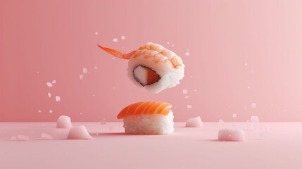 Obraz na płótnie Canvas a piece of sushi with chopsticks falling out of it on a pink background with small pieces of ice cubes.