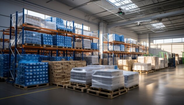 Modern logistics warehouse interior with organized shelves and pallets for storage solutions